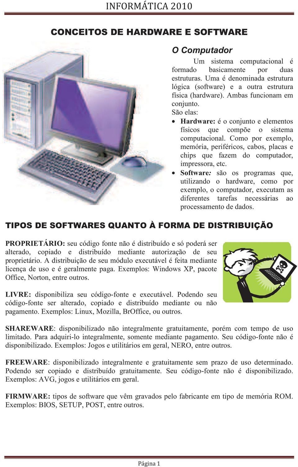 Software: são os programas que, utilizando o hardware, como por exemplo, o computador, executam as diferentes tarefas necessárias ao processamento de dados.