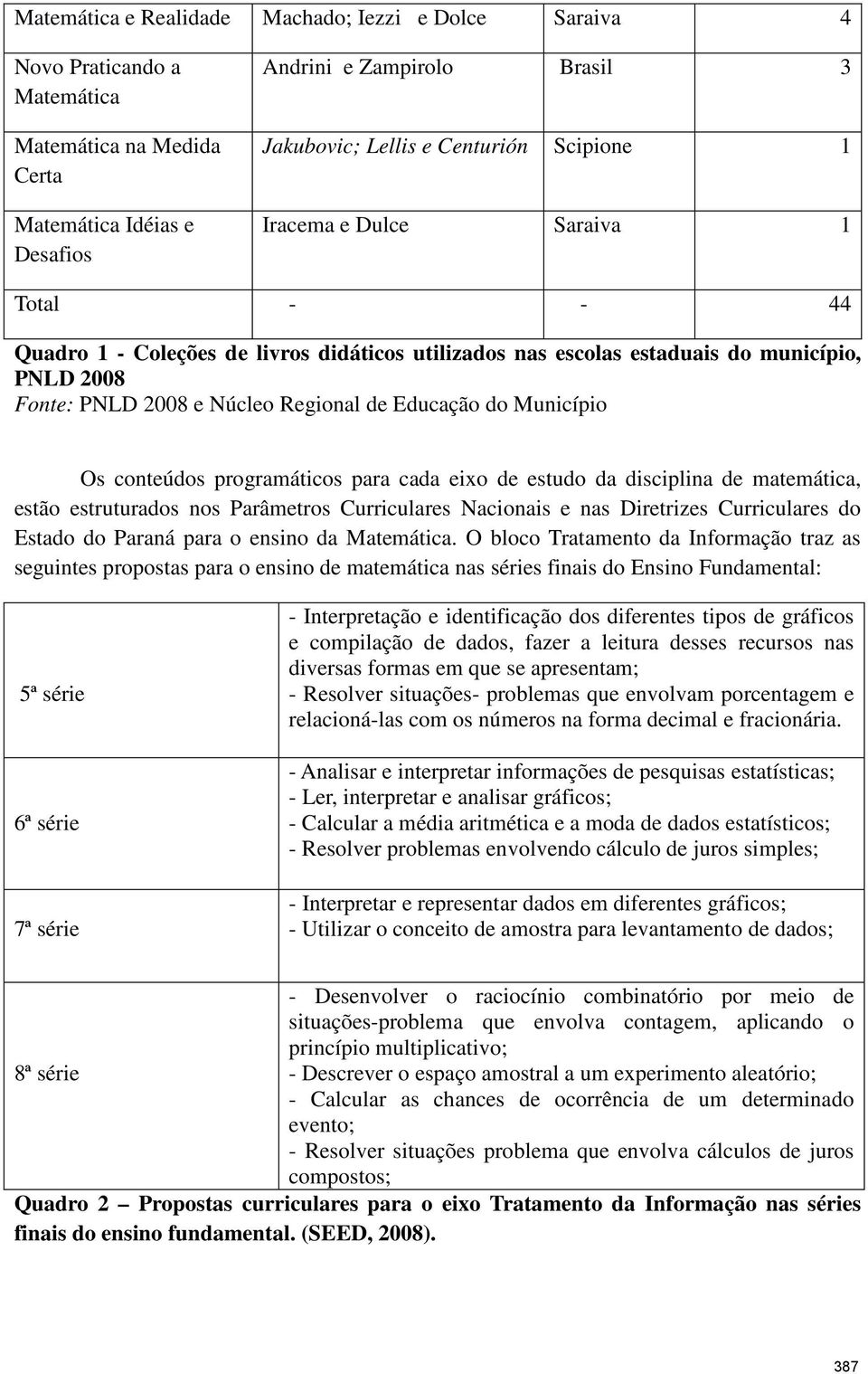 Município Os conteúdos programáticos para cada eixo de estudo da disciplina de matemática, estão estruturados nos Parâmetros Curriculares Nacionais e nas Diretrizes Curriculares do Estado do Paraná