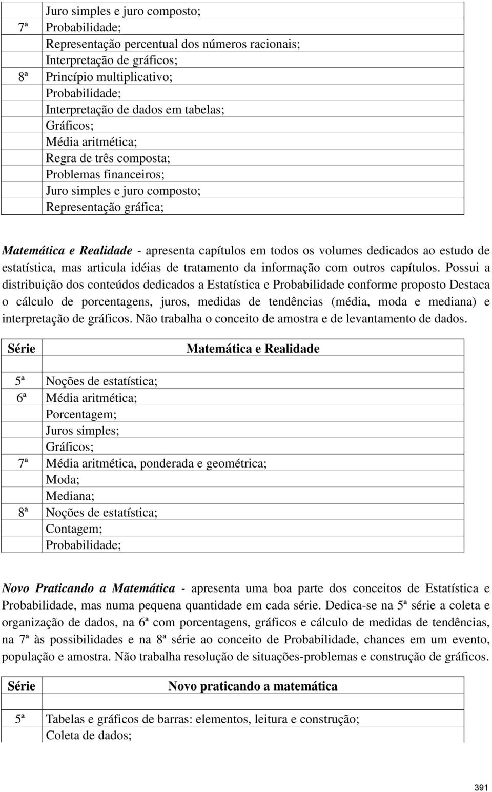 volumes dedicados ao estudo de estatística, mas articula idéias de tratamento da informação com outros capítulos.