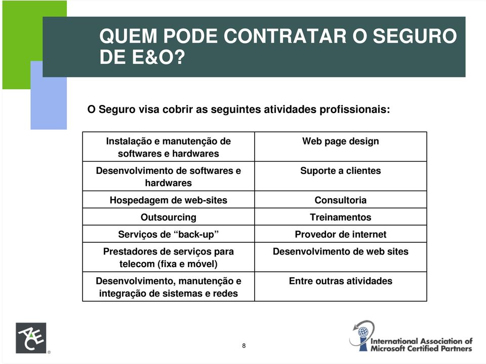 Desenvolvimento de softwares e hardwares Hospedagem de web-sites Outsourcing Serviços de back-up Prestadores de serviços