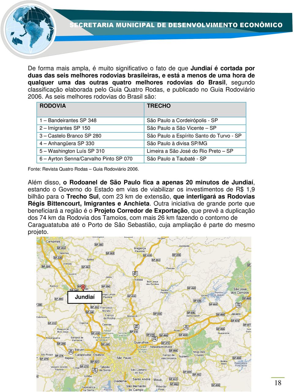 As seis melhores rodovias do Brasil são: RODOVIA TRECHO 1 Bandeirantes SP 348 São Paulo a Cordeirópolis - SP 2 Imigrantes SP 150 São Paulo a São Vicente SP 3 Castelo Branco SP 280 São Paulo a