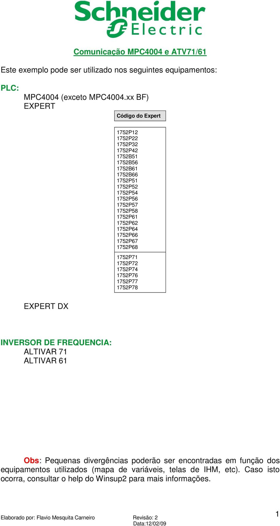 1752P66 1752P67 1752P68 1752P71 1752P72 1752P74 1752P76 1752P77 1752P78 EXPERT DX INVERSOR DE FREQUENCIA: ALTIVAR 71 ALTIVAR 61 Obs: Pequenas divergências poderão ser