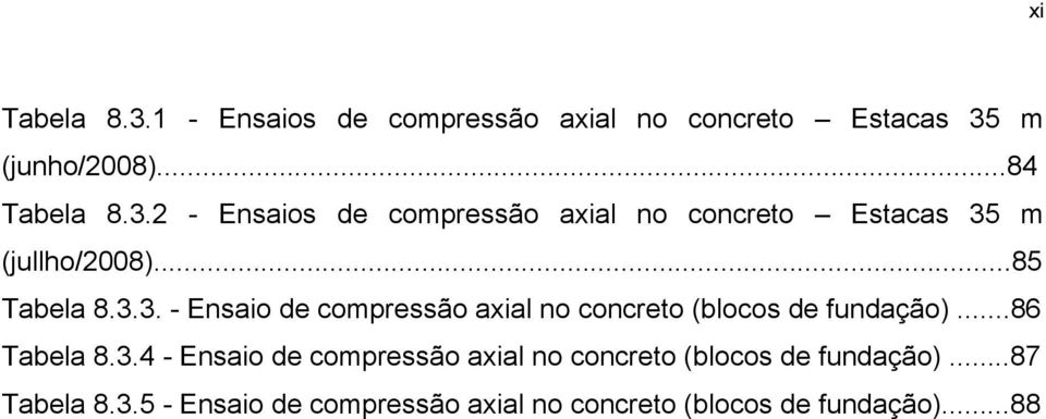 ..87 Tabela 8.3.5 - Ensaio de compressão axial no concreto (blocos de fundação)...88