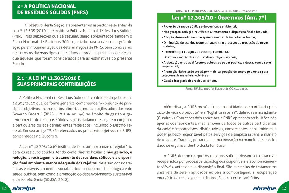 descritos os diversos tipos de resíduos, abordados pela Lei, com destaque àqueles que foram considerados para as estimativas do presente Estudo. 2.1 - A LEI N 12.