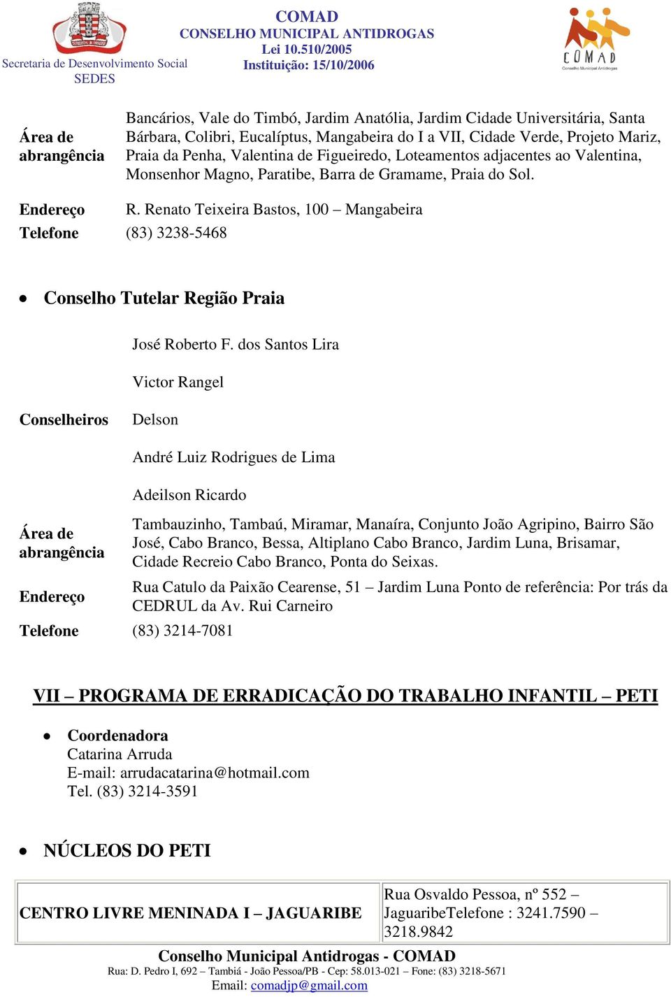 Renato Teixeira Bastos, 100 Mangabeira Telefone (83) 3238-5468 Conselho Tutelar Região Praia José Roberto F.