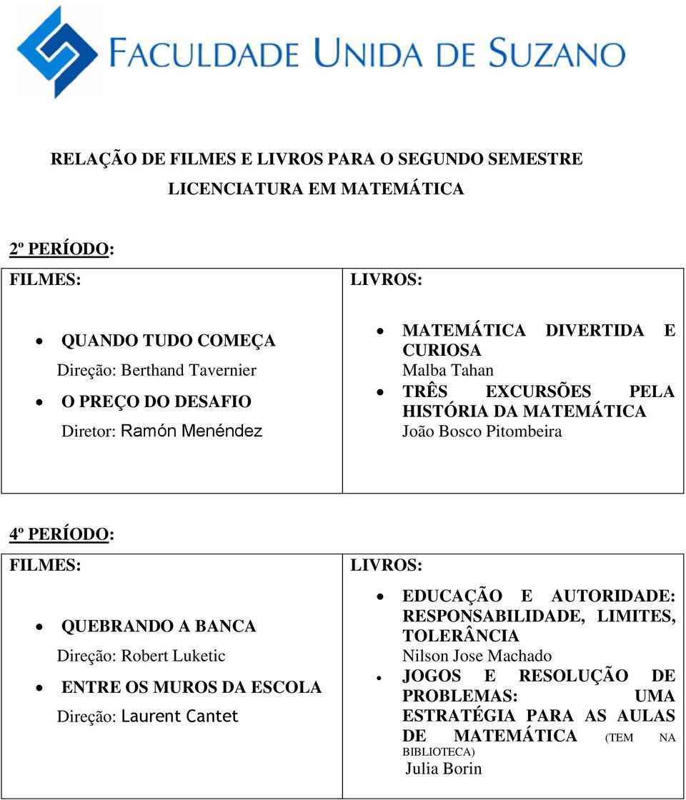 4º PERÍODO: FILMES: QUEBRANDO A BANCA Direção: Robert Luketic ENTRE OS MUROS DA ESCOLA Direção: Laurent Cantet LIVROS: EDUCAÇÃO E AUTORIDADE: