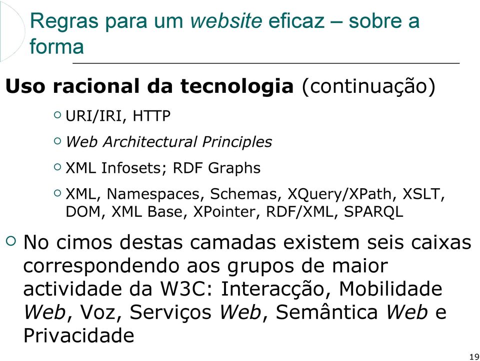 XML Base, XPointer, RDF/XML, SPARQL No cimos destas camadas existem seis caixas correspondendo aos