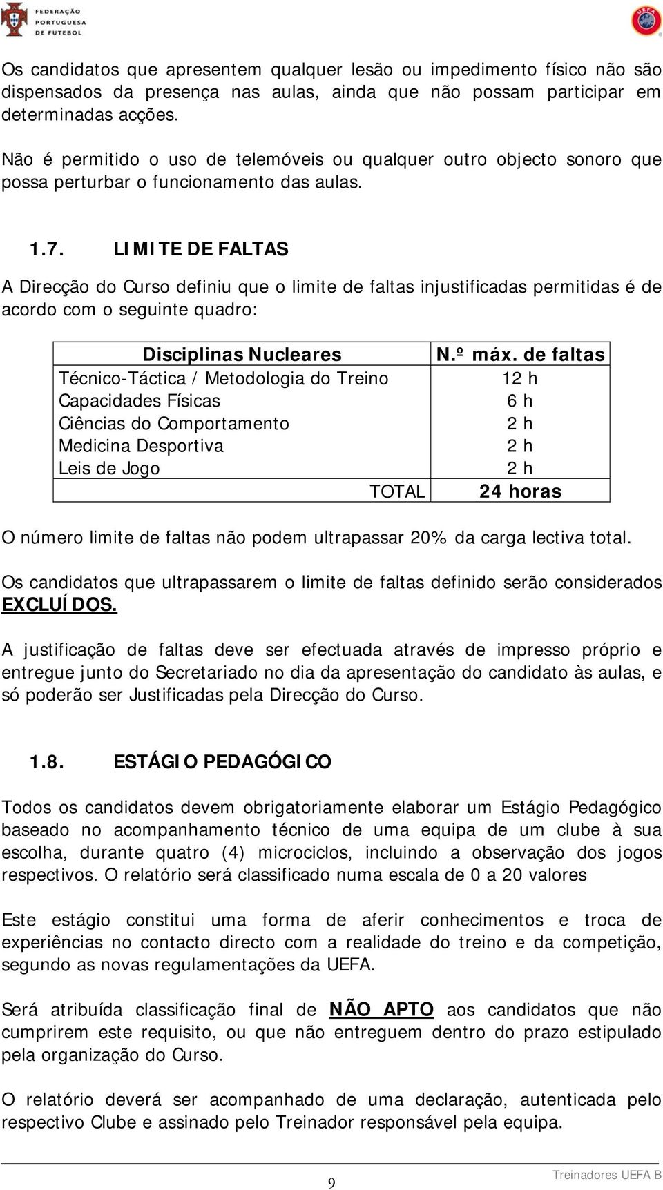 LIMITE DE FALTAS A Direcção do Curso definiu que o limite de faltas injustificadas permitidas é de acordo com o seguinte quadro: Disciplinas Nucleares Técnico-Táctica / Metodologia do Treino