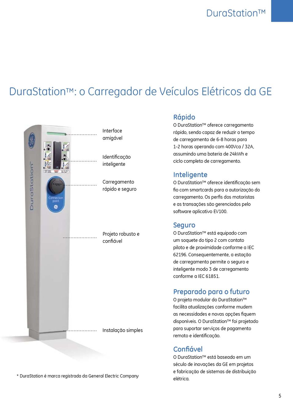 Inteligente O DuraStation oferece identificação sem fio com smartcards para a autorização do carregamento. Os perfis dos motoristas e as transações são gerenciados pelo software aplicativo EV00.