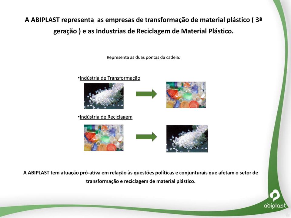 Representa as duas pontas da cadeia: Indústria de Transformação Indústria de Reciclagem A