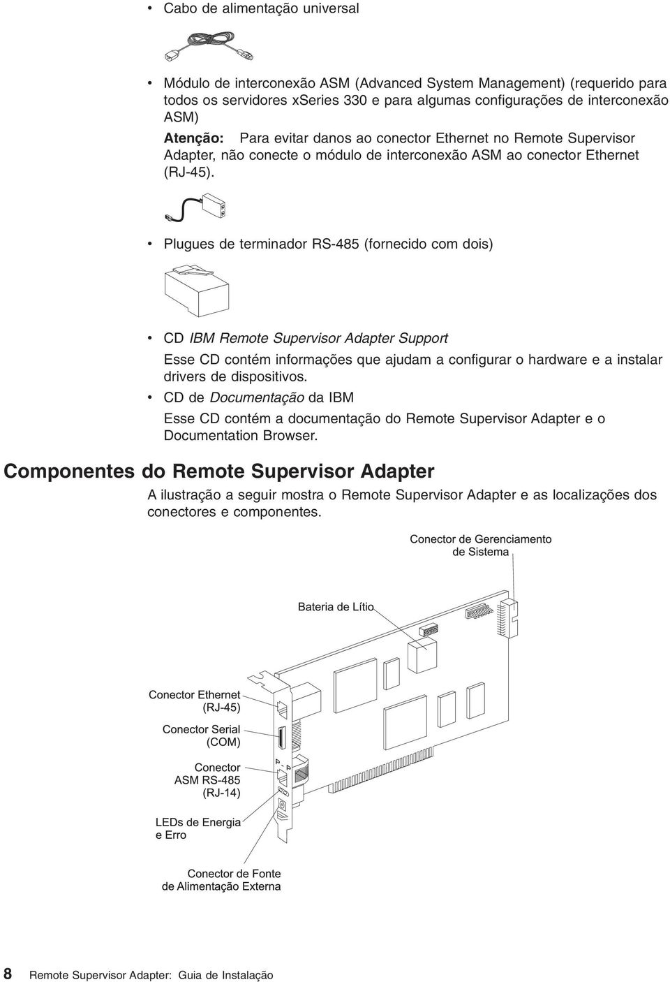 Plugues de terminador RS-485 (fornecido com dois) CD IBM Remote Superisor Adapter Support Esse CD contém informações que ajudam a configurar o hardware e a instalar driers de dispositios.