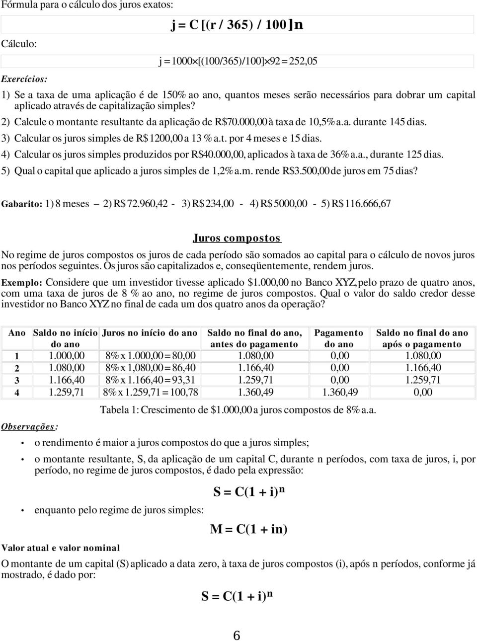 3) Calcular os juros simples de R$ 1200,00 a 13 % a.t. por 4 meses e 15 dias. 4) Calcular os juros simples produzidos por R$40.000,00, aplicados à taxa de 36% a.a., durante 125 dias.