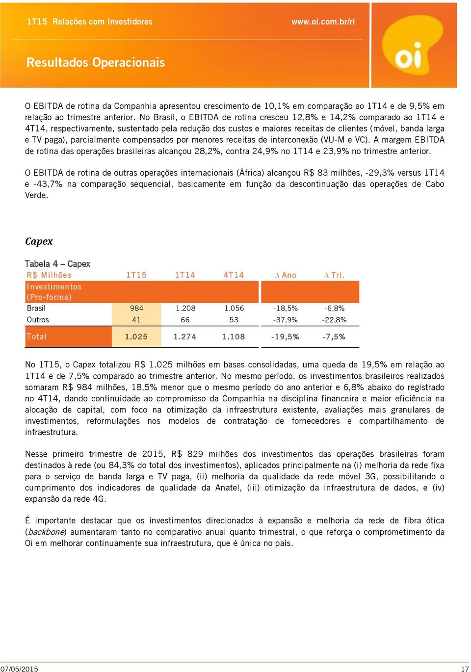 parcialmente compensados por menores receitas de interconexão (VU-M e VC). A margem EBITDA de rotina das operações brasileiras alcançou 28,2%, contra 24,9% no 1T14 e 23,9% no trimestre anterior.
