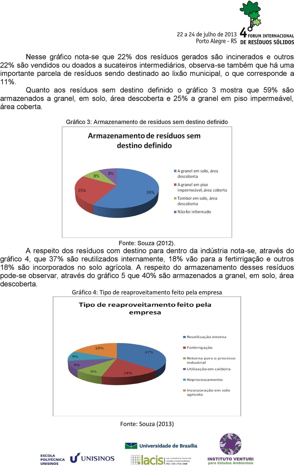 Quanto aos resíduos sem destino definido o gráfico 3 mostra que 59% são armazenados a granel, em solo, área descoberta e 25% a granel em piso impermeável, área coberta.