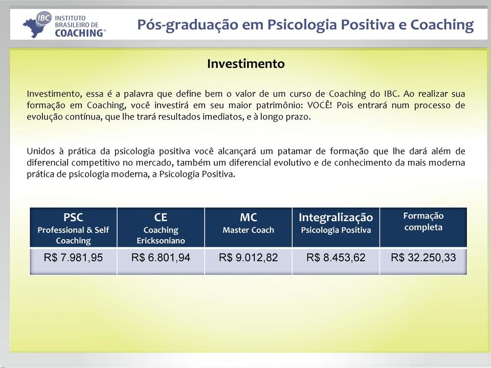 Unidos à prática da psicologia positiva você alcançará um patamar de formação que lhe dará além de diferencial competitivo no mercado, também um diferencial evolutivo e de