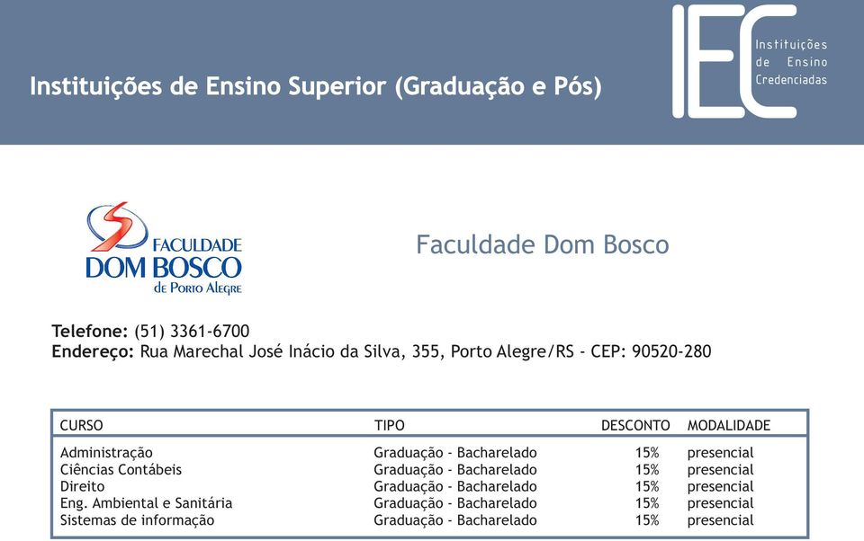 presencial Ciências Contábeis Graduação - Bacharelado 15% presencial Direito Graduação - Bacharelado 15% presencial