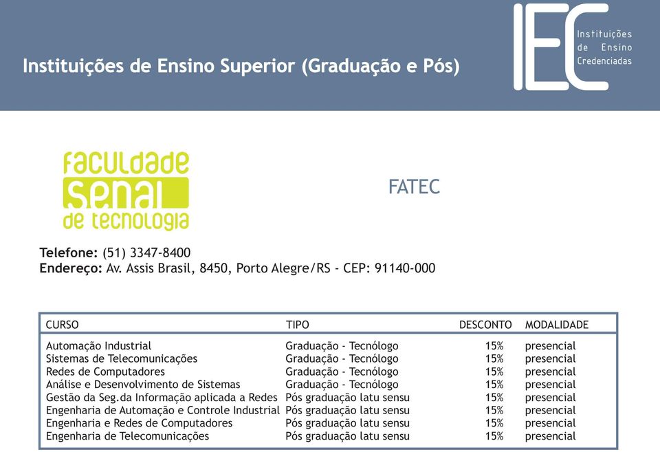 Tecnólogo 15% presencial Redes de Computadores Graduação - Tecnólogo 15% presencial Análise e Desenvolvimento de Sistemas Graduação - Tecnólogo 15% presencial Gestão da Seg.