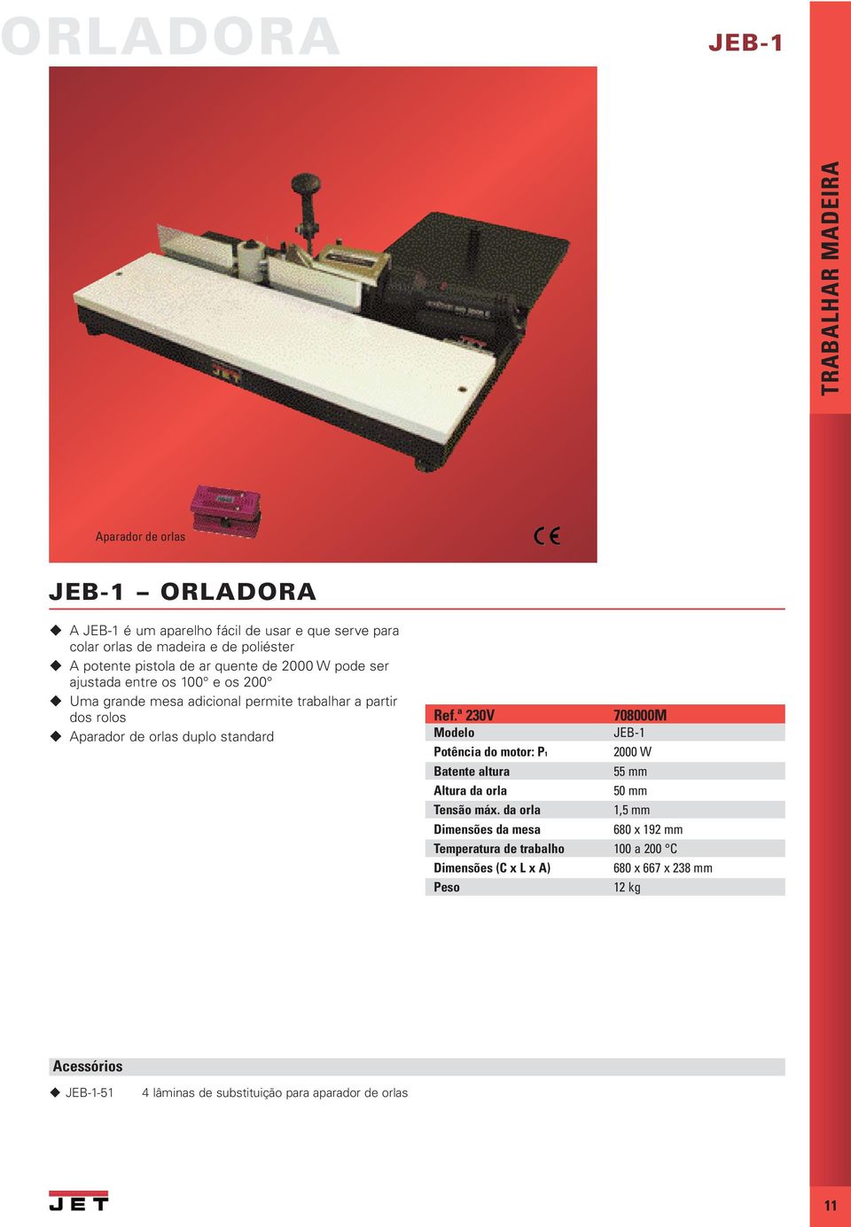 duplo standard Ref.ª 230V 708000M JEB-1 Potência do motor: P1 2000 W Batente altura 55 mm Altura da orla 50 mm Tensão máx.