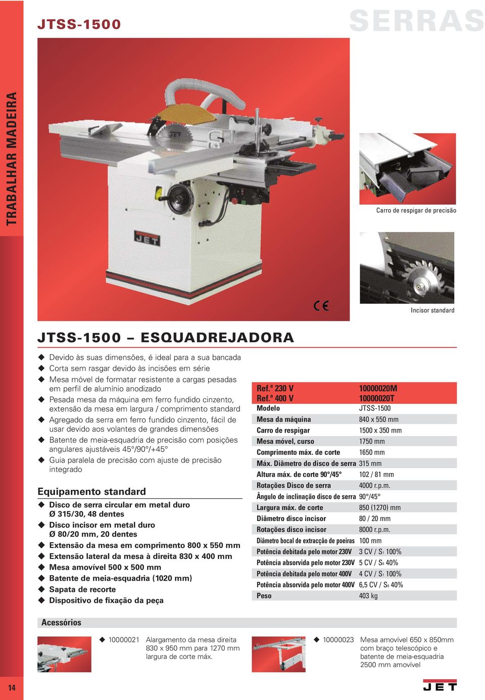 ferro fundido cinzento, fácil de usar devido aos volantes de grandes dimensões Batente de meia-esquadria de precisão com posições angulares ajustáveis 45 /90 /+45 Guia paralela de precisão com ajuste