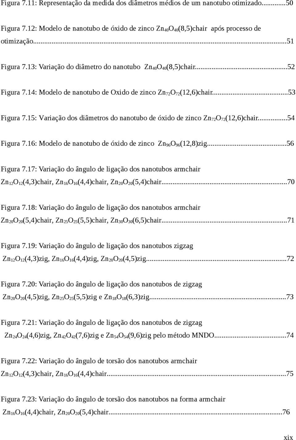 6: Modelo de nanotubo de óxido de zinco Zn96O96(2,8)zig...56 Figura 7.7: Variação do ângulo de ligação dos nanotubos armchair Zn2O2(4,3)chair, Zn6O6(4,4)chair, Zn2O2(5,4)chair...7 Figura 7.