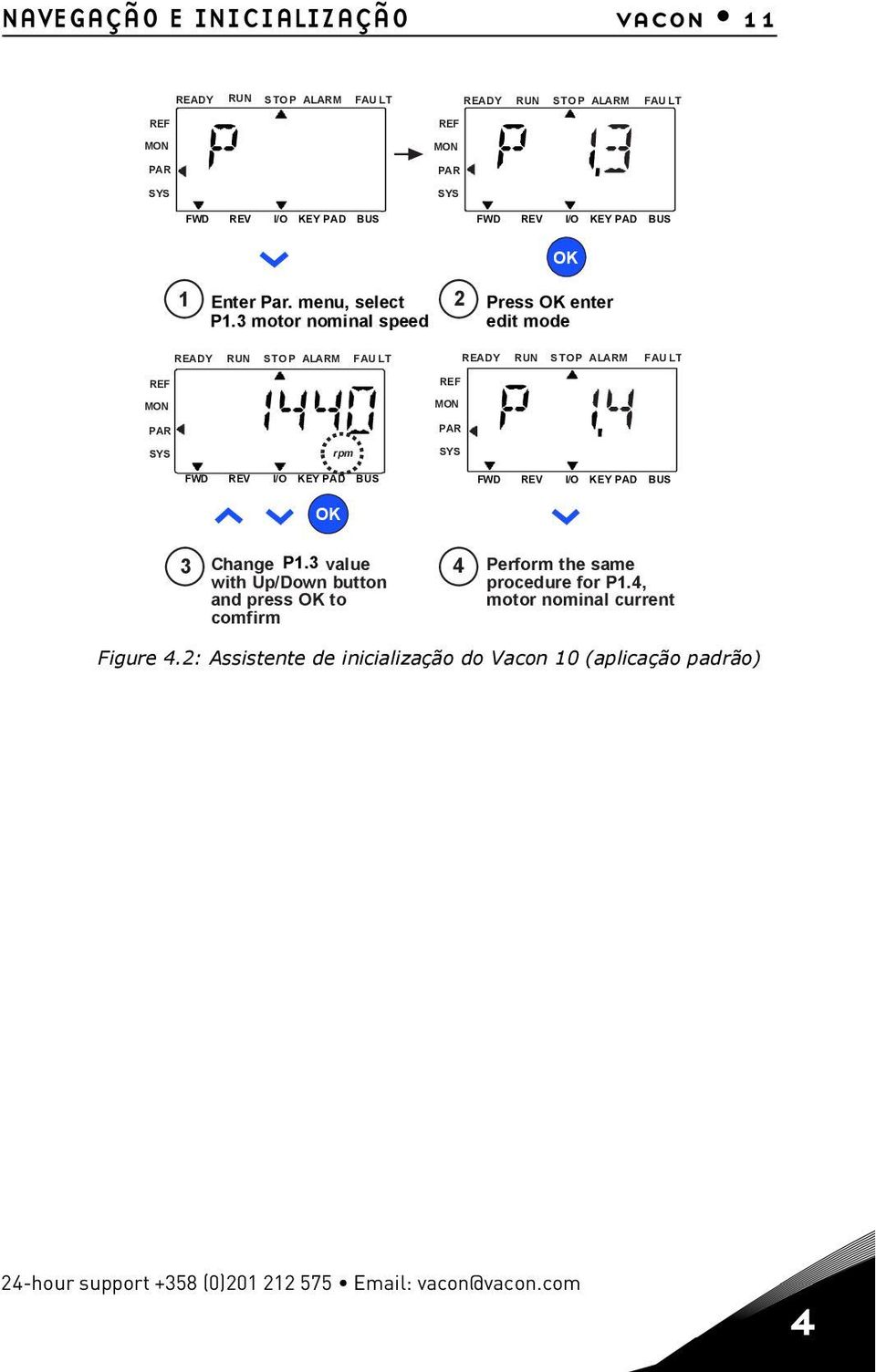 3 motor nominal speed 2 OK Press OK enter edit mode READY RUN STOP ALARM FAU LT READY RUN STOP ALARM FAU LT REF MON PAR SYS rpm REF MON PAR SYS FWD REV I/O KEY