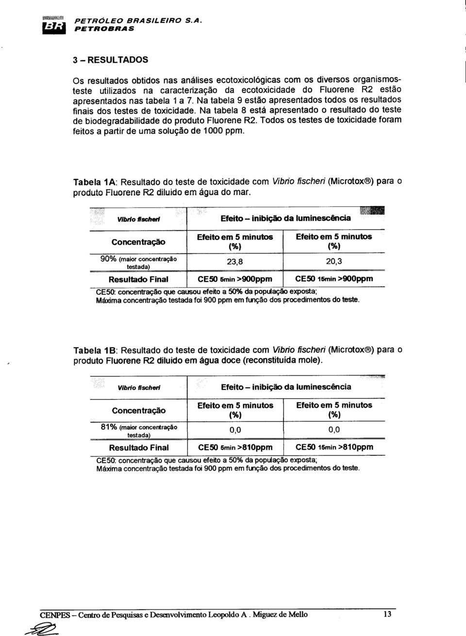 ~ PETROBRAS 3 -RESULTADOS Os resultados obtidos nas análises ecotoxicológicas com os diversos organismosteste utilizados na caracterização da ecotoxicidade do Fluorene R2 estão apresentados nas