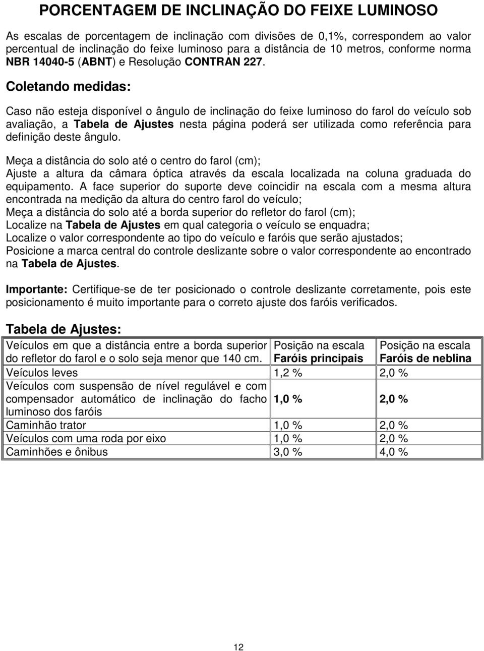 Coletando medidas: Caso não esteja disponível o ângulo de inclinação do feixe luminoso do farol do veículo sob avaliação, a Tabela de Ajustes nesta página poderá ser utilizada como referência para