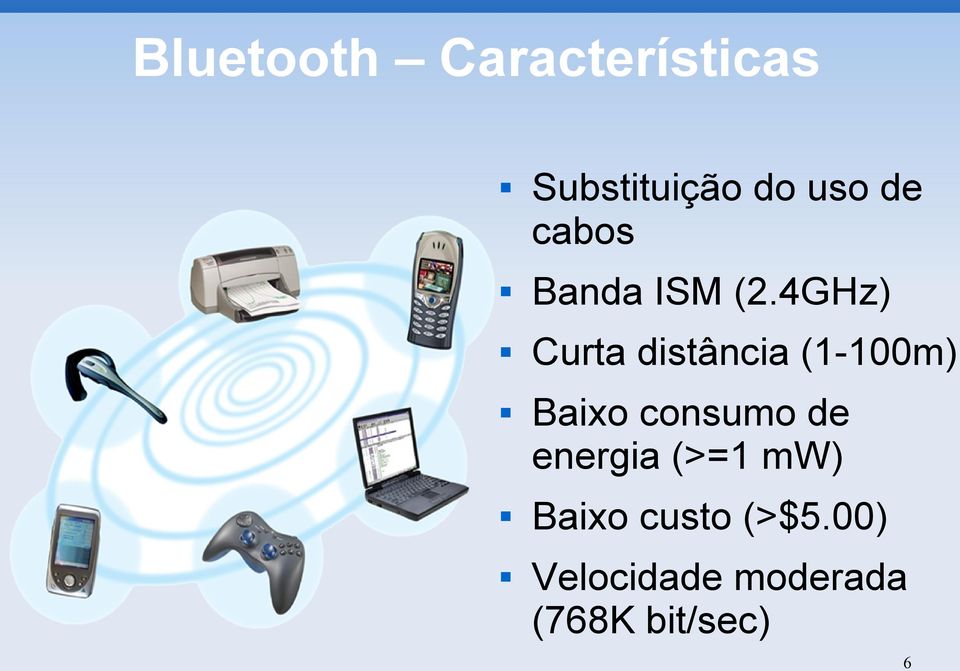 4GHz) Curta distância (1-100m) Baixo consumo de