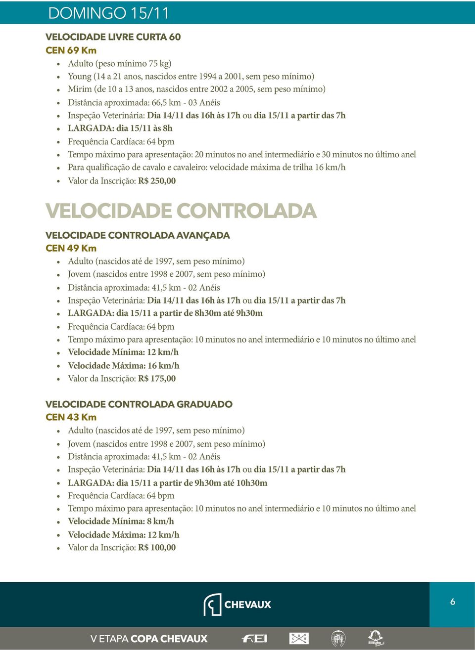 para apresentação: 20 minutos no anel intermediário e 30 minutos no último anel Para qualificação de cavalo e cavaleiro: velocidade máxima de trilha 16 km/h Valor da Inscrição: R$ 250,00 VELOCIDADE