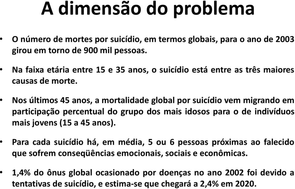 Nos últimos 45 anos, a mortalidade global por suicídio vem migrando em participação percentual do grupo dos mais idosos para o de indivíduos mais jovens (15 a 45