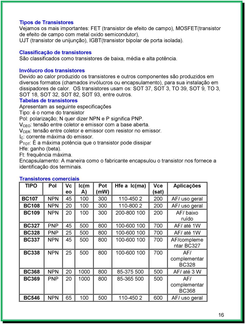 Invólucro dos transistores Devido ao calor produzido os transistores e outros componentes são produzidos em diversos formatos (chamados invólucros ou encapsulamento), para sua instalação em