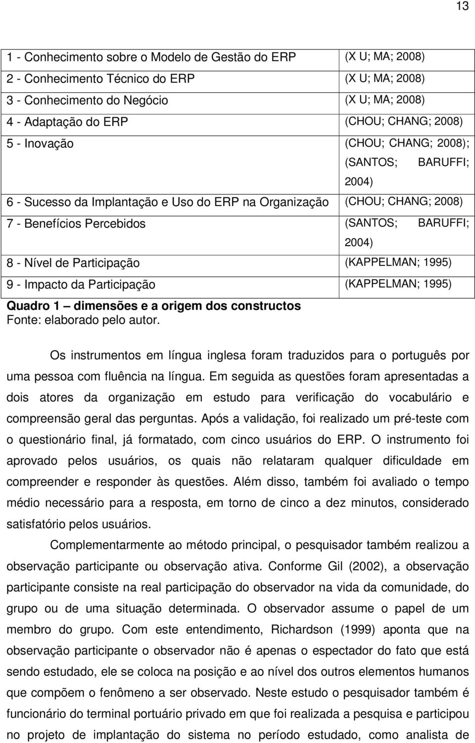 de Participação (KAPPELMAN; 1995) 9 - Impacto da Participação (KAPPELMAN; 1995) Quadro 1 dimensões e a origem dos constructos Fonte: elaborado pelo autor.