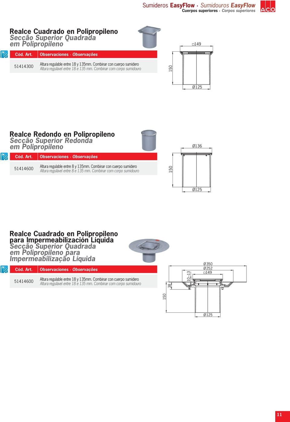 Combinar com corpo sumidouro 150 Ø125 Realce Redondo en Polipropileno Secção Superior Redonda em Polipropileno Ø136 Observaciones Observações 51414600 Altura regulable entre 8 y 135mm.