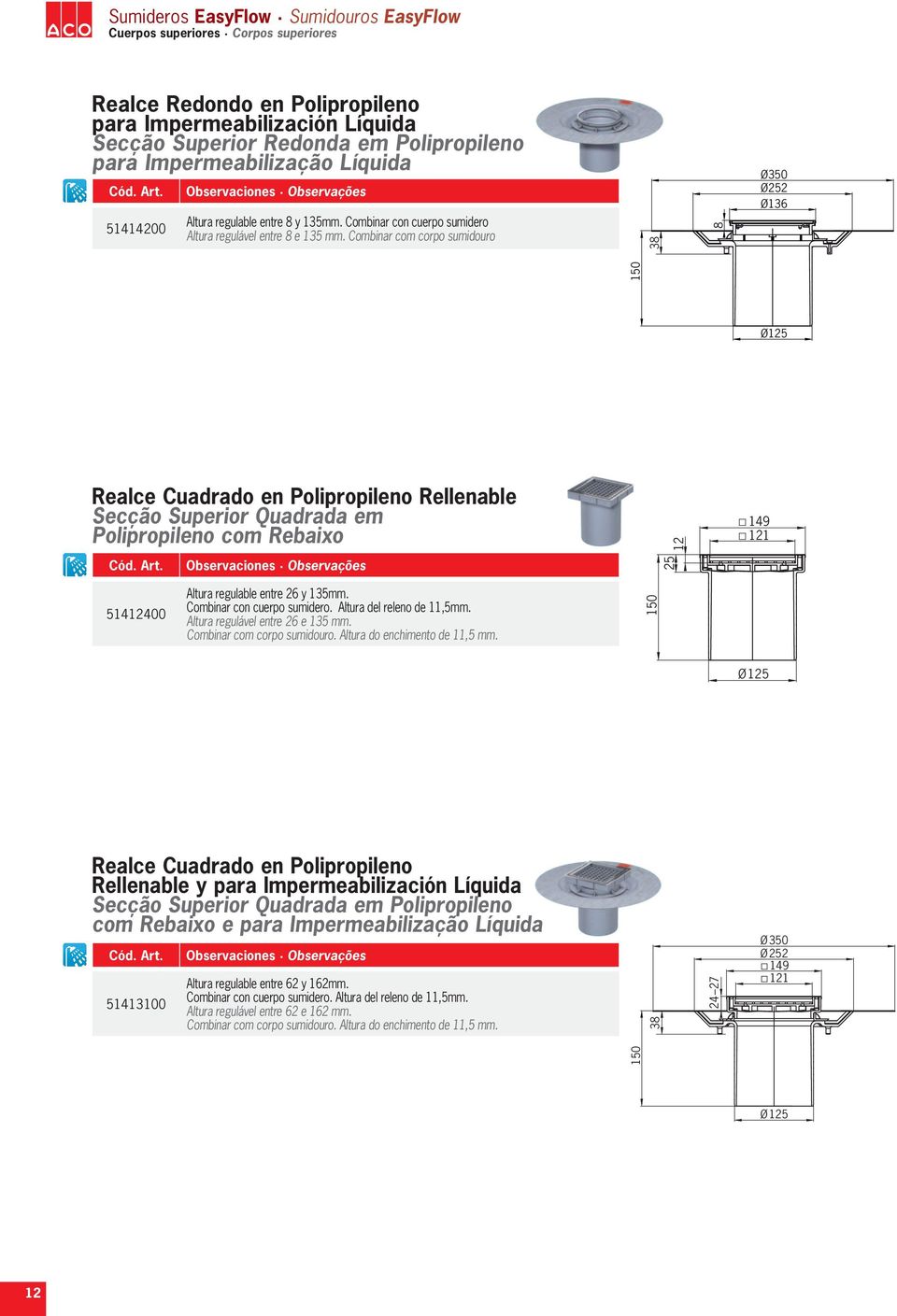 Combinar com corpo sumidouro 38 8 Ø350 Ø252 Ø136 150 Ø125 Realce Cuadrado en Polipropileno Rellenable Secção Superior Quadrada em Polipropileno com Rebaixo 12 149 121 Observaciones Observações 25