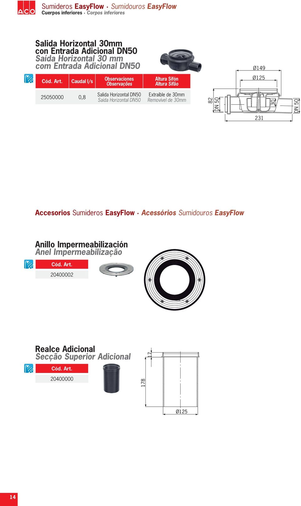 Extraíble de 30mm Removível de 30mm 82 50 30 50 231 Accesorios Sumideros EasyFlow Acessórios Sumidouros EasyFlow