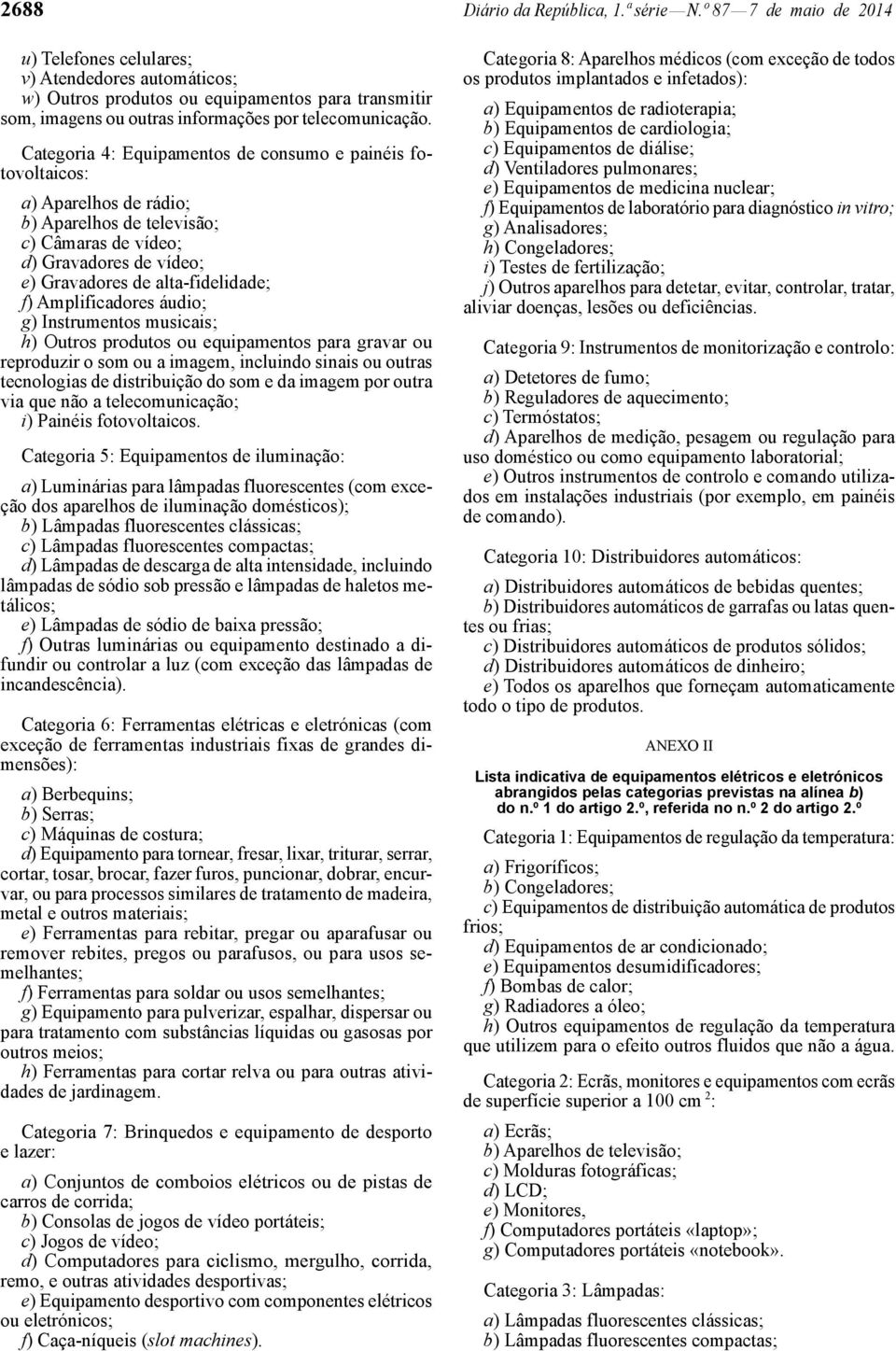 Categoria 4: Equipamentos de consumo e painéis fotovoltaicos: a) Aparelhos de rádio; b) Aparelhos de televisão; c) Câmaras de vídeo; d) Gravadores de vídeo; e) Gravadores de alta-fidelidade; f)