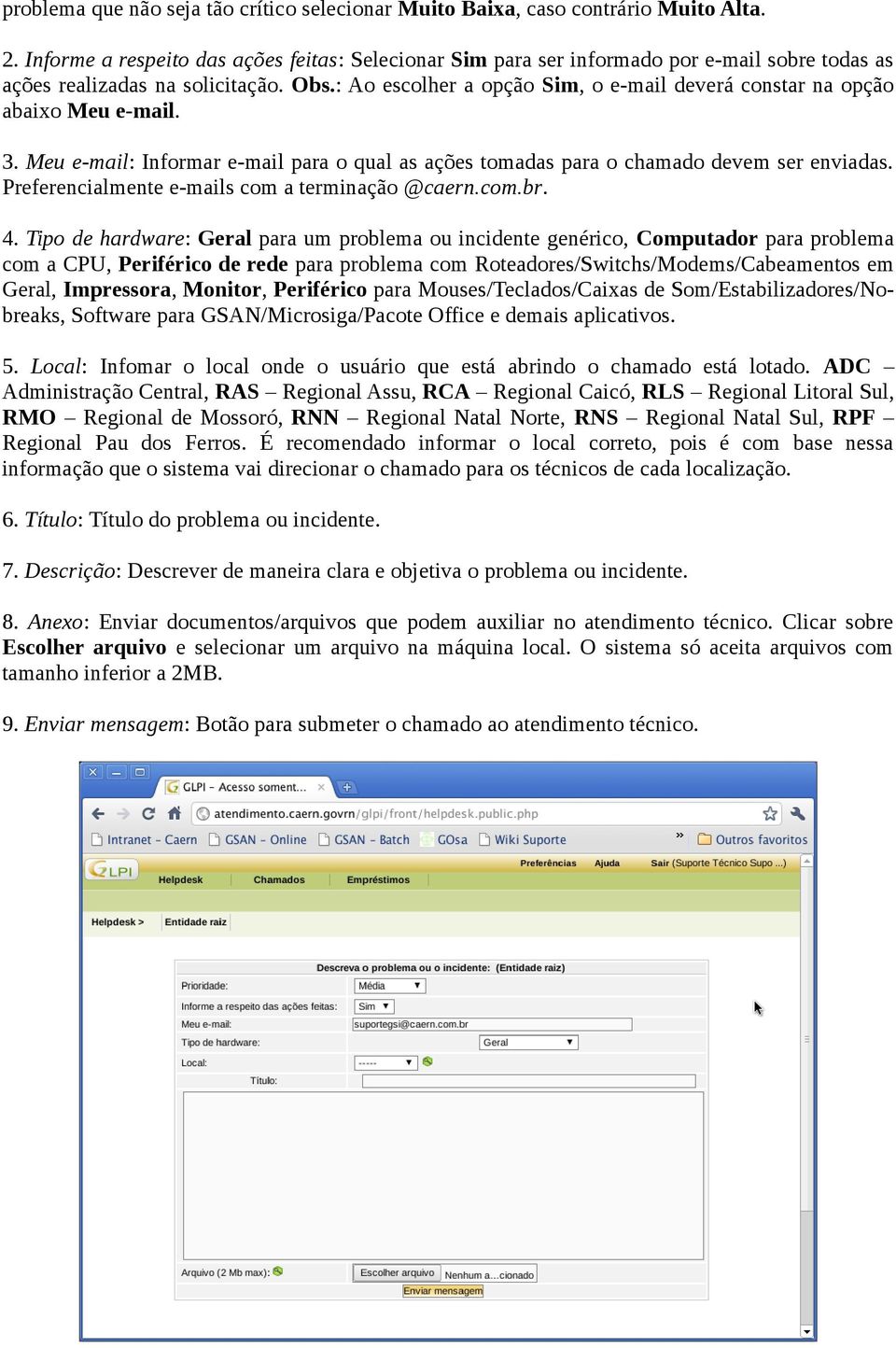 : Ao escolher a opção Sim, o e-mail deverá constar na opção abaixo Meu e-mail. 3. Meu e-mail: Informar e-mail para o qual as ações tomadas para o chamado devem ser enviadas.