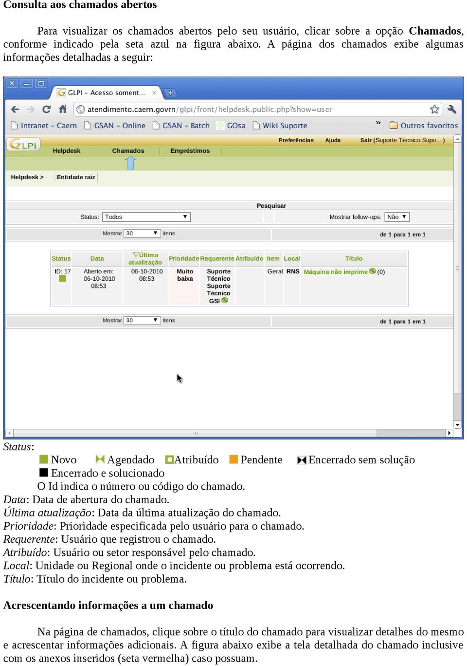 Data: Data de abertura do chamado. Última atualização: Data da última atualização do chamado. Prioridade: Prioridade especificada pelo usuário para o chamado.