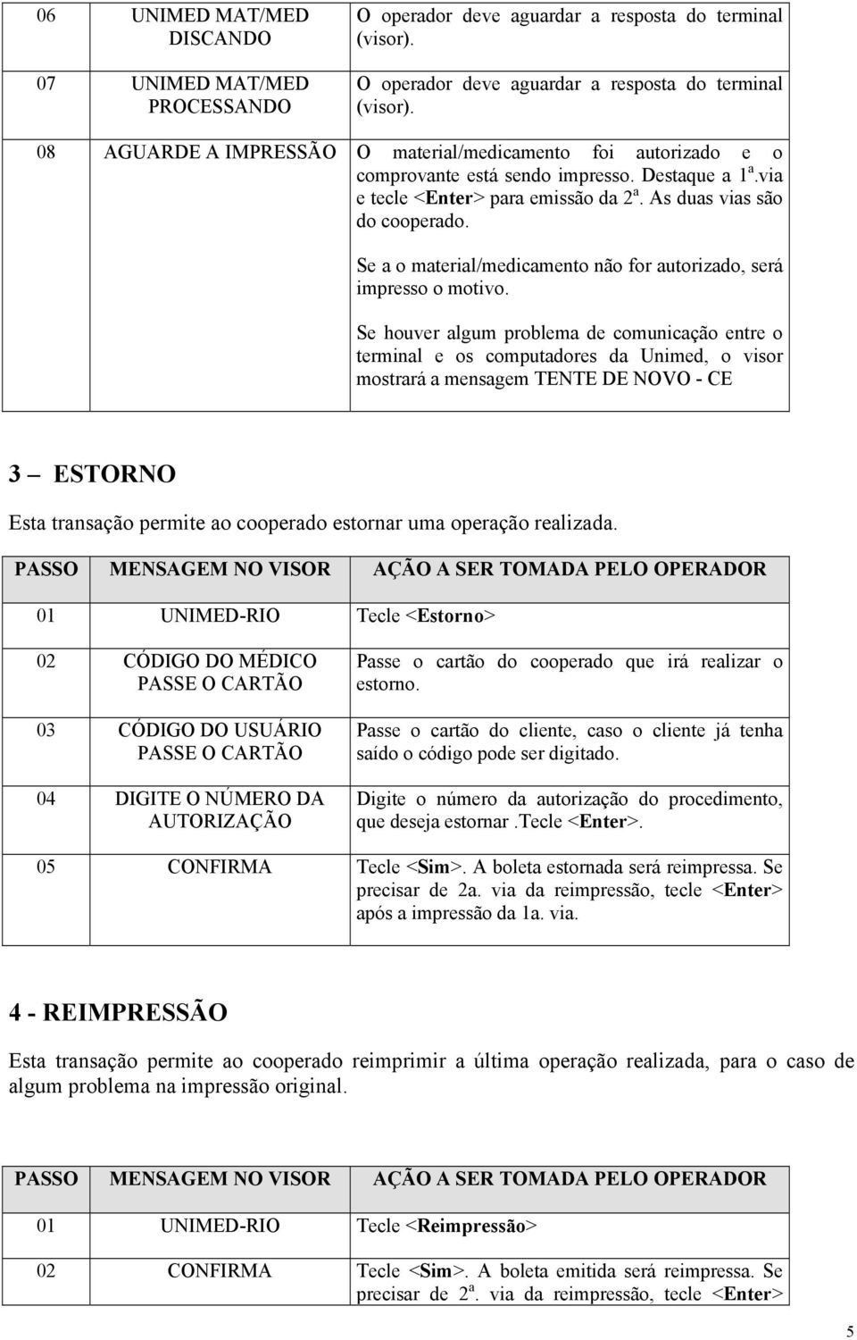 Se houver algum problema de comunicação entre o terminal e os computadores da Unimed, o visor mostrará a mensagem TENTE DE NOVO - CE 3 ESTORNO Esta transação permite ao cooperado estornar uma