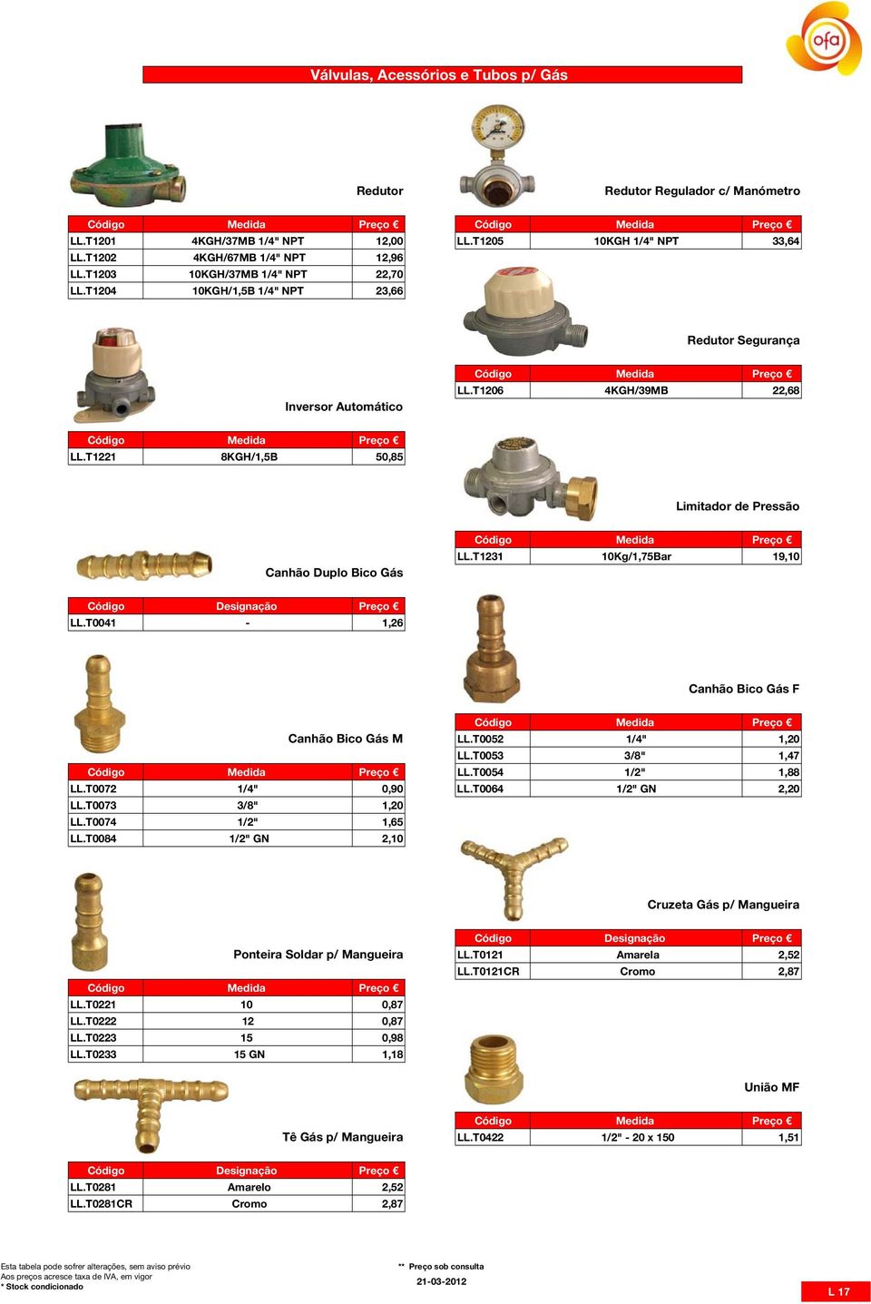 T1221 8KGH/1,5B 50,85 Limitador de Pressão Canhão Duplo Bico Gás LL.T1231 10Kg/1,75Bar 19,10 Código Designação Preço LL.T0041-1,26 Canhão Bico Gás F Canhão Bico Gás M LL.T0052 1/4" 1,20 LL.