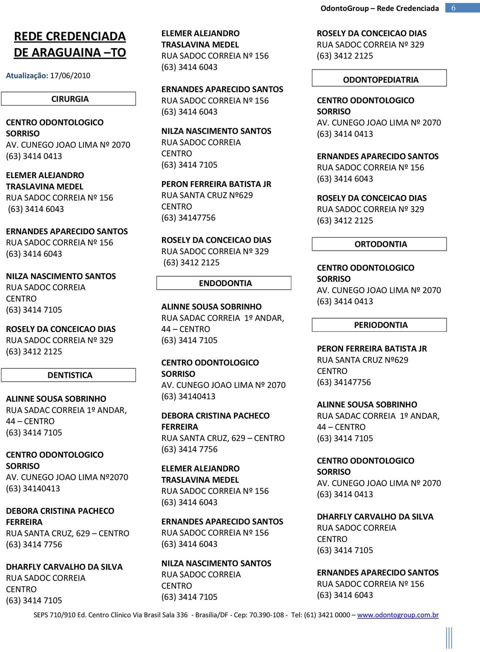 CUNEGO JOAO LIMA Nº2070 (63) 34140413 DEBORA CRISTINA PACHECO FERREIRA RUA SANTA CRUZ, 629 (63) 3414 7756 DHARFLY CARVALHO DA SILVA RUA SADOC CORREIA ELEMER ALEJANDRO TRASLAVINA MEDEL NILZA