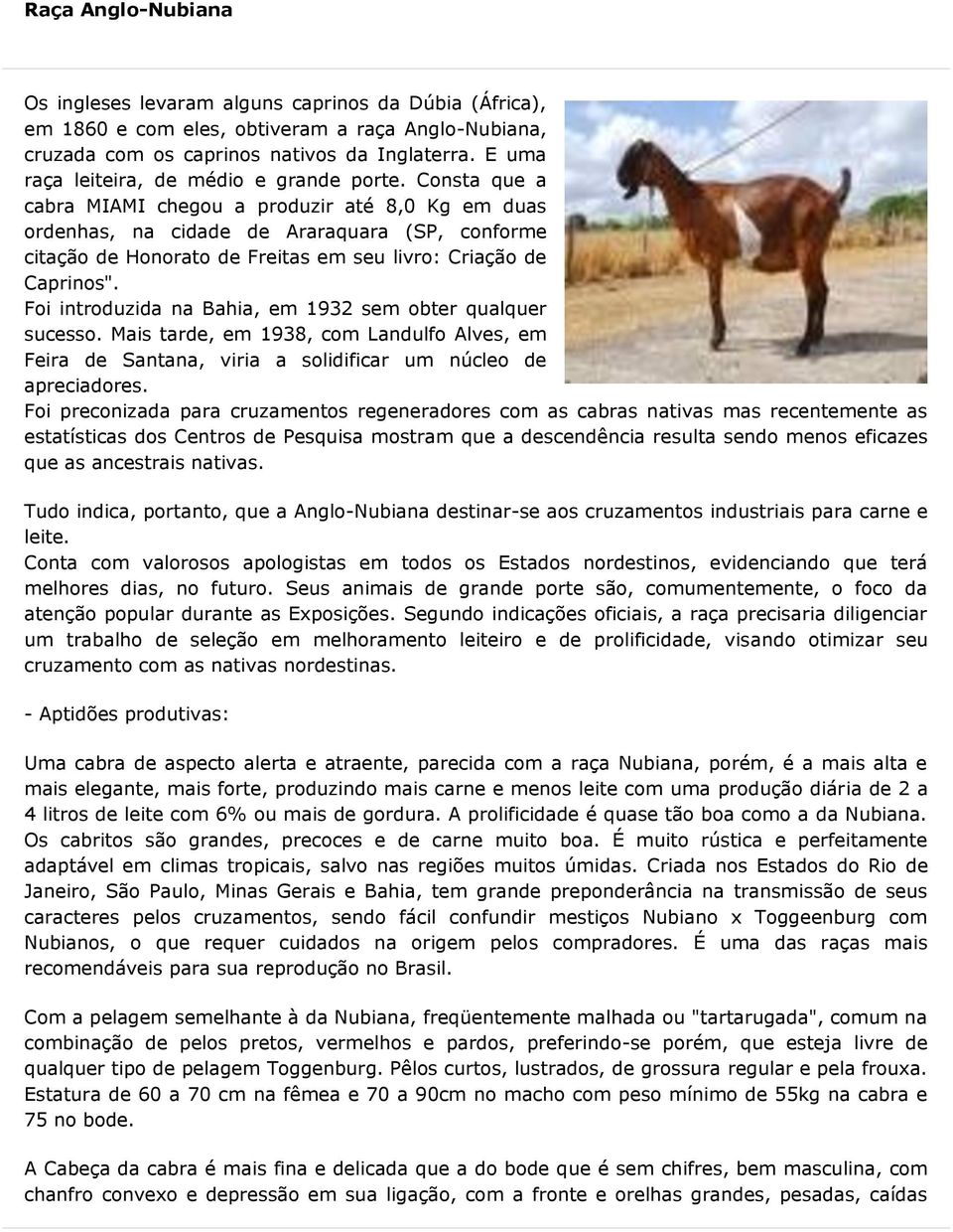 Consta que a cabra MIAMI chegou a produzir até 8,0 Kg em duas ordenhas, na cidade de Araraquara (SP, conforme citação de Honorato de Freitas em seu livro: Criação de Caprinos".