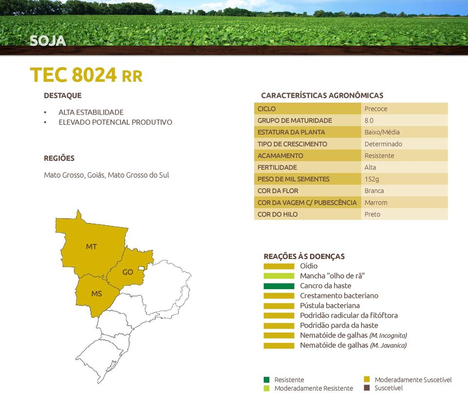 0 Baixo/Média Determinado FERTILIDADE Alta 152g Branca COR DA VAGEM C/ PUBESCÊNCIA Marrom