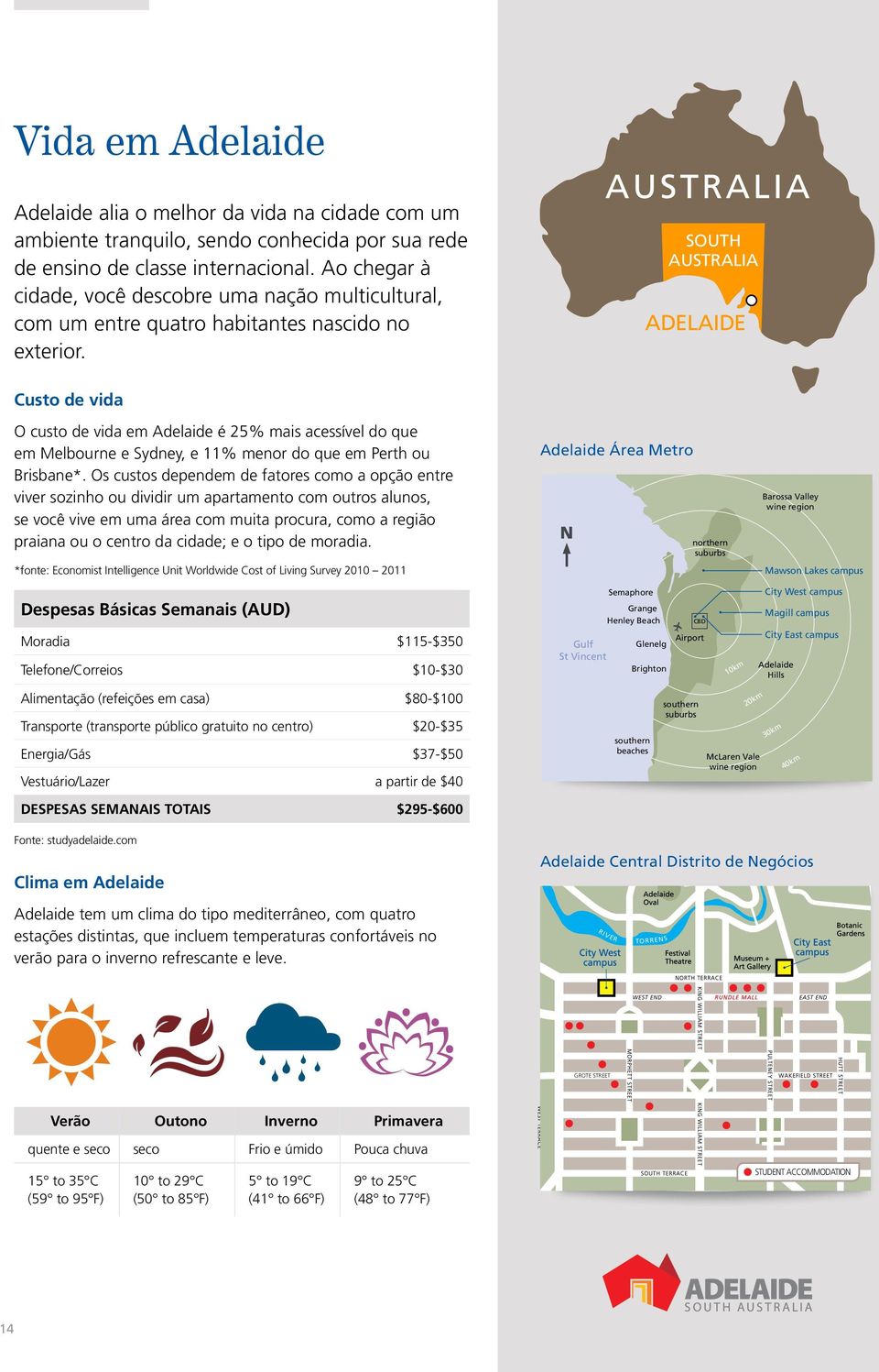 SOUTH AUSTRALIA Custo de vida O custo de vida em Adelaide é 25% mais acessível do que em Melbourne e Sydney, e 11% menor do que em Perth ou Brisbane*.