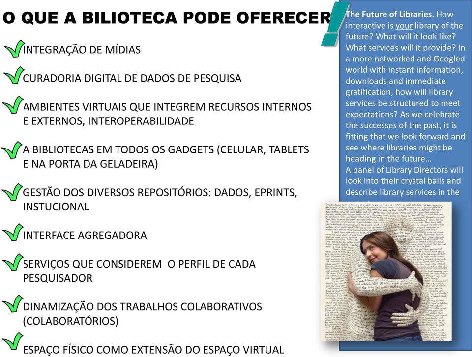 CONSIDEREM O PERFIL DE CADA PESQUISADOR DINAMIZAÇÃO DOS TRABALHOS COLABORATIVOS (COLABORATÓRIOS)! The Future of Libraries. How interactive is your library of the future? What will it look like?