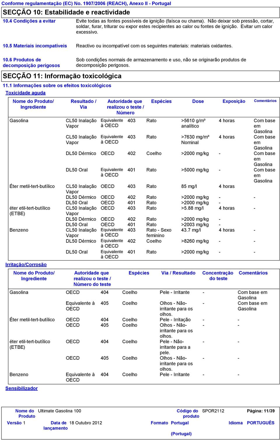 5 Materiais incompatíveis Reactivo ou incompatível com os seguintes materiais: materiais oxidantes. 10.6 s de decomposição perigosos SECÇÃO 11: Informação toxicológica 11.