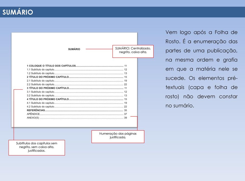 se sucede. Os elementos prétextuais (capa e folha de rosto) não devem constar no sumário.