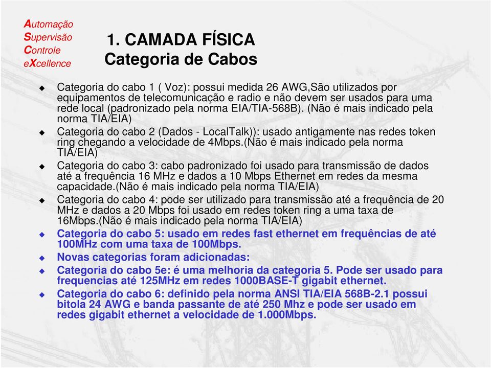 (Não é mais indicado pela norma TIA/EIA) Categoria do cabo 3: cabo padronizado foi usado para transmissão de dados até a frequência 16 MHz e dados a 10 Mbps Ethernet em redes da mesma capacidade.