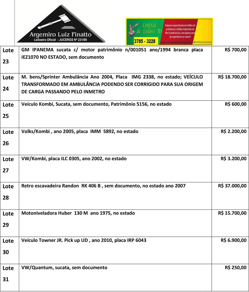 700,00 Veículo Kombi, Sucata, sem documento, Patrimônio 5156, no estado R$ 600,00 25 Volks/Kombi, ano 2005, placa IMM 5892, no estado R$ 2.