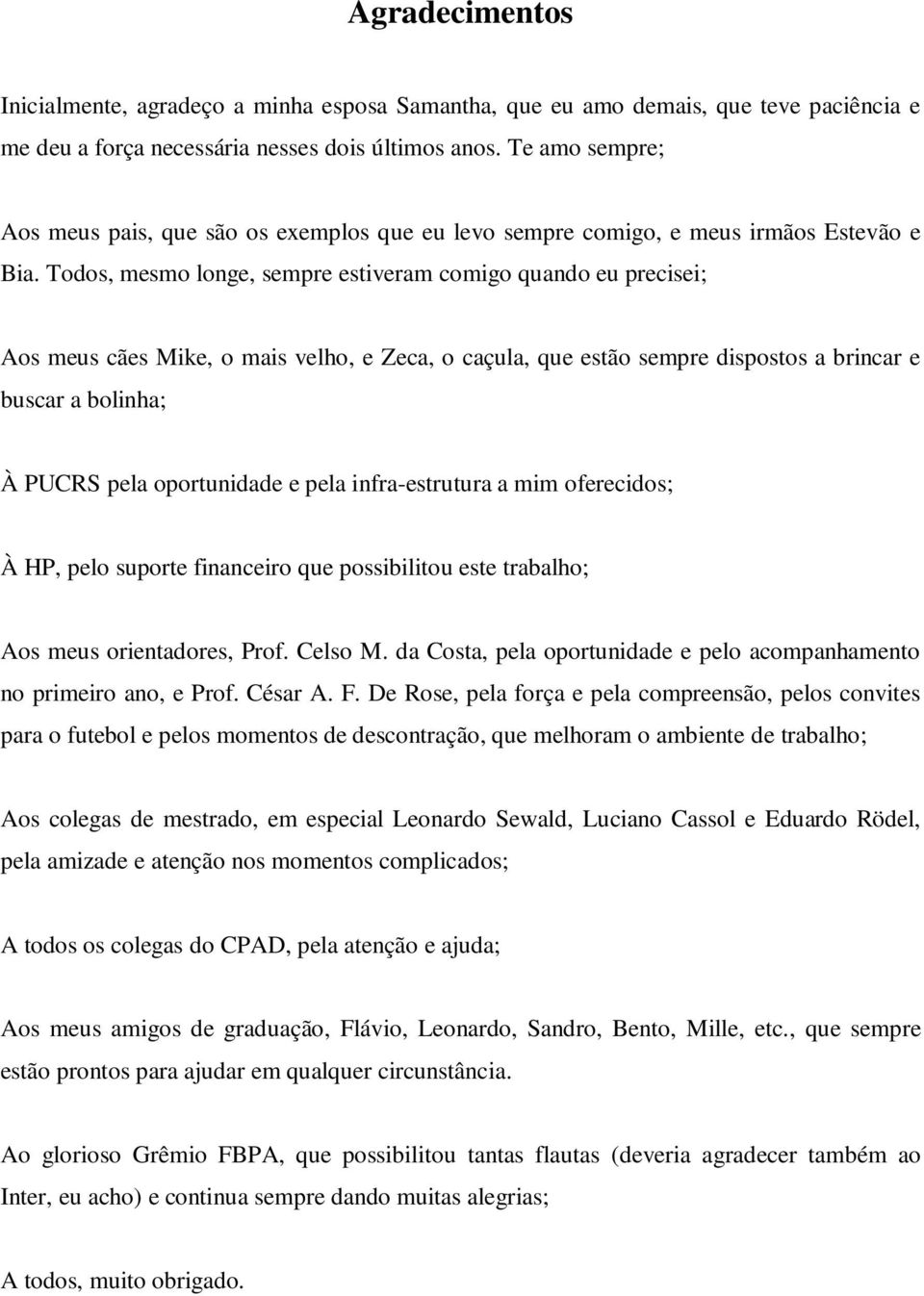 Todos, mesmo longe, sempre estiveram comigo quando eu precisei; Aos meus cães Mike, o mais velho, e Zeca, o caçula, que estão sempre dispostos a brincar e buscar a bolinha; À PUCRS pela oportunidade